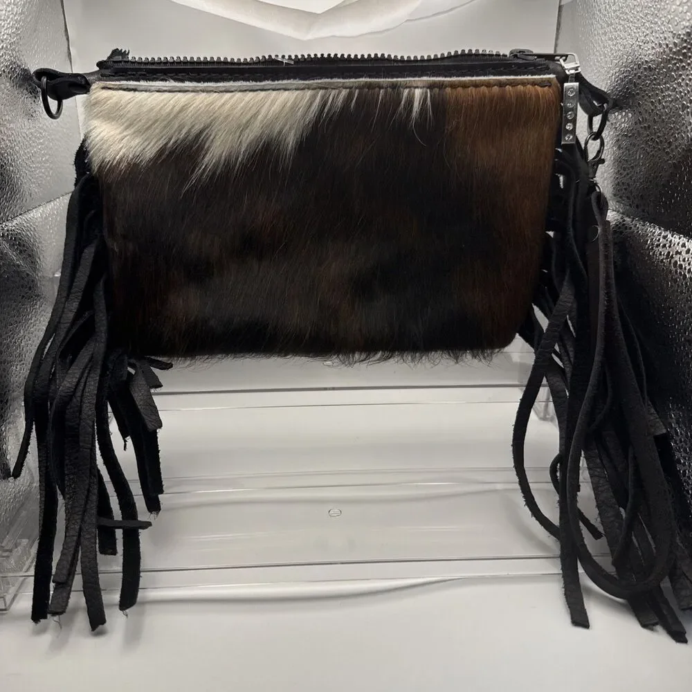 Flying Z Leather Cowhide Handbag Wristlet With Fringe Zip Closure Festival Exc C